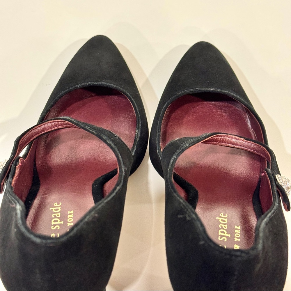 Kate Spade Women's Black Suede with Rhinestone Button Maren Ankle-Strap Pumps - Picture 6 of 11